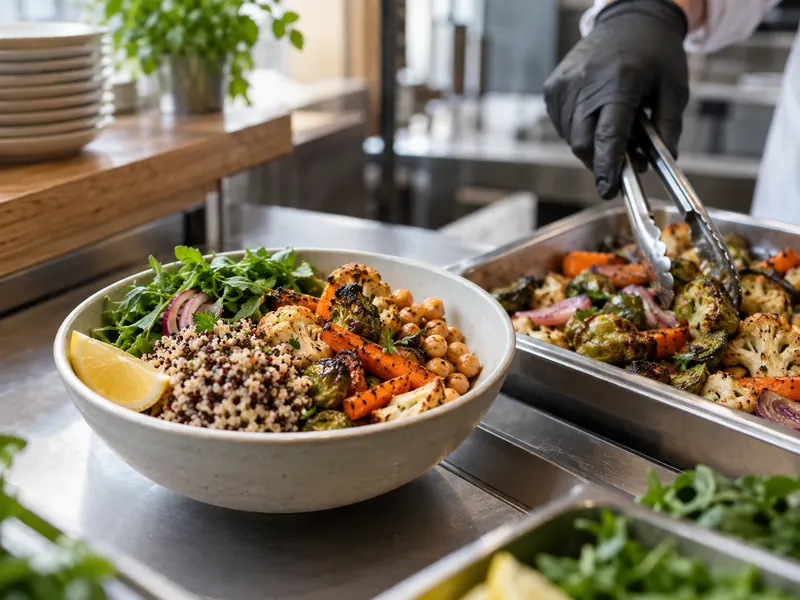 Illustrative close-up of a fresh grain and roasted vegetable bowl at a serving counter.