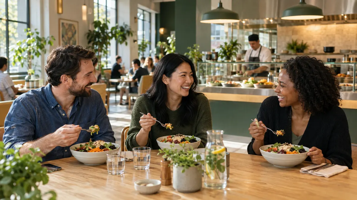 Illustrative scene of coworkers sharing freshly prepared lunches in a bright workplace dining room.